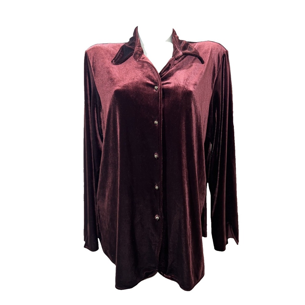 Susan Graver Style Top Womens XL Burgundy Velvet Button Down Shirt Long Sleeve